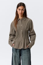Striped Brown - Gathered Waist Cotton Poplin Shirt - 1