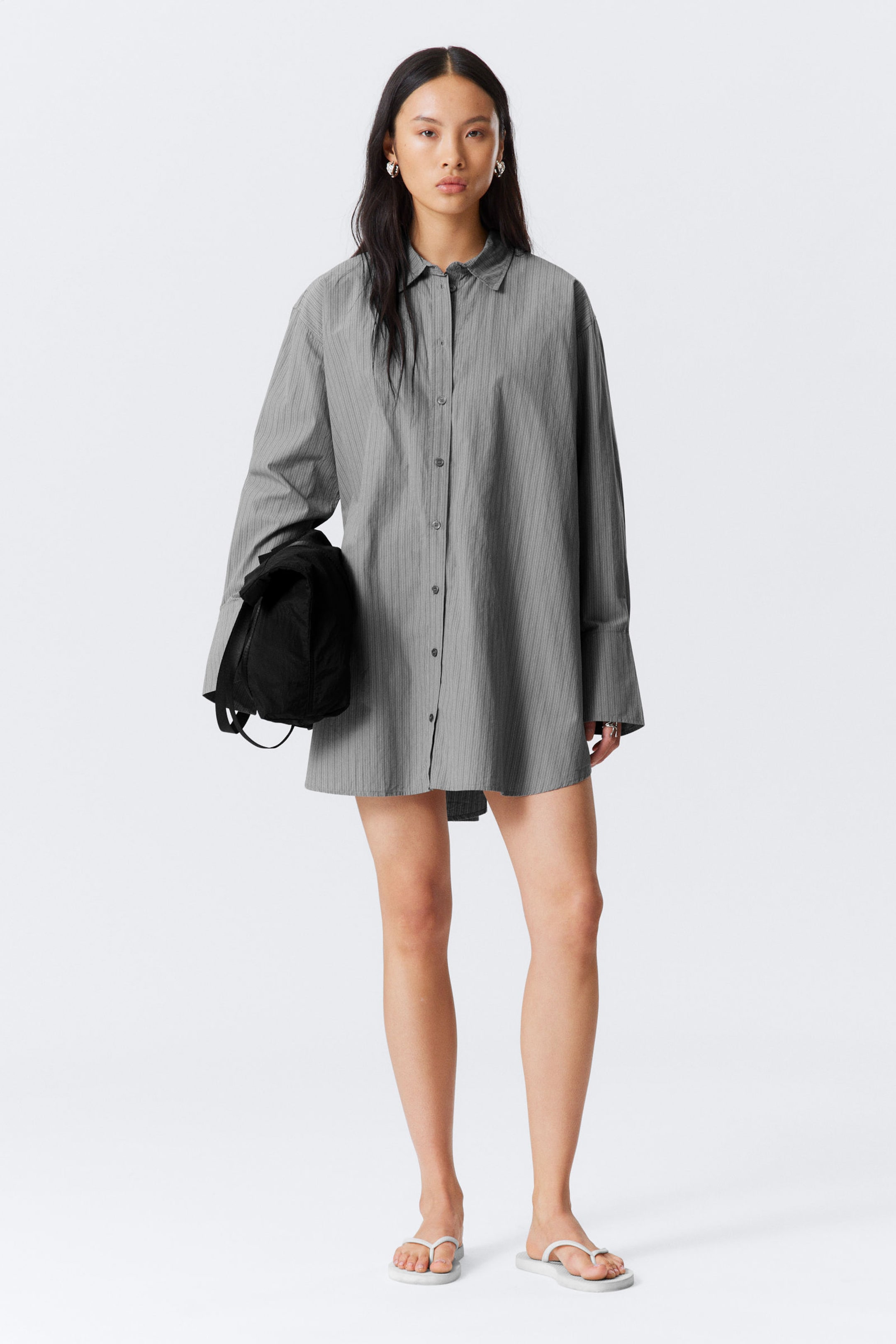Striped Grey - Mini Cotton Poplin Shirt Dress - 1