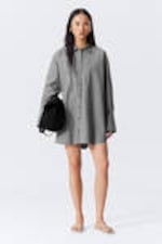 Striped Grey - Mini Cotton Poplin Shirt Dress - 0