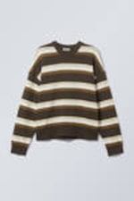 Striped Brown - Knitted Oversized Boxy Cotton Sweater - 5