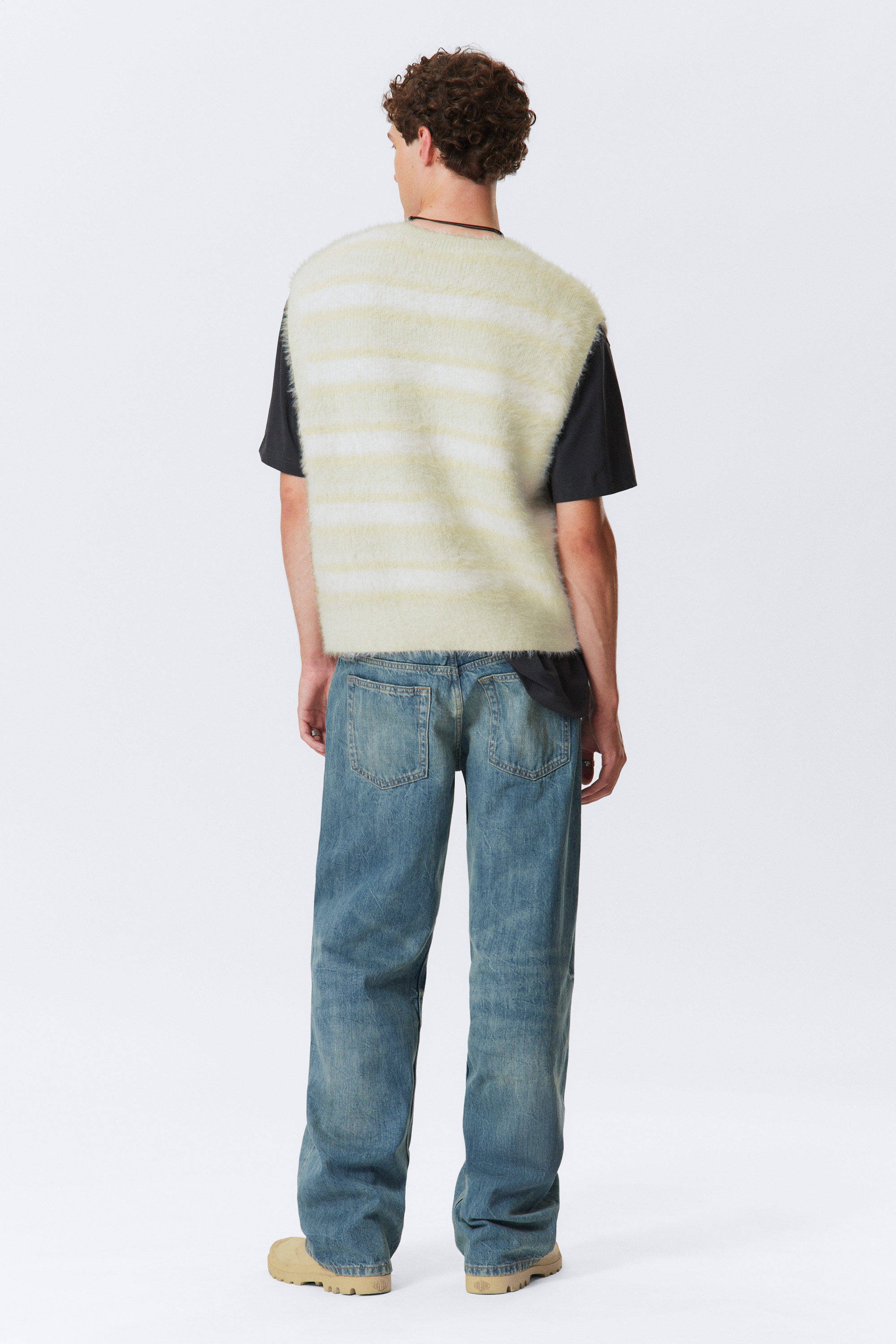 White - Striped Hairy Knit Vest - 2