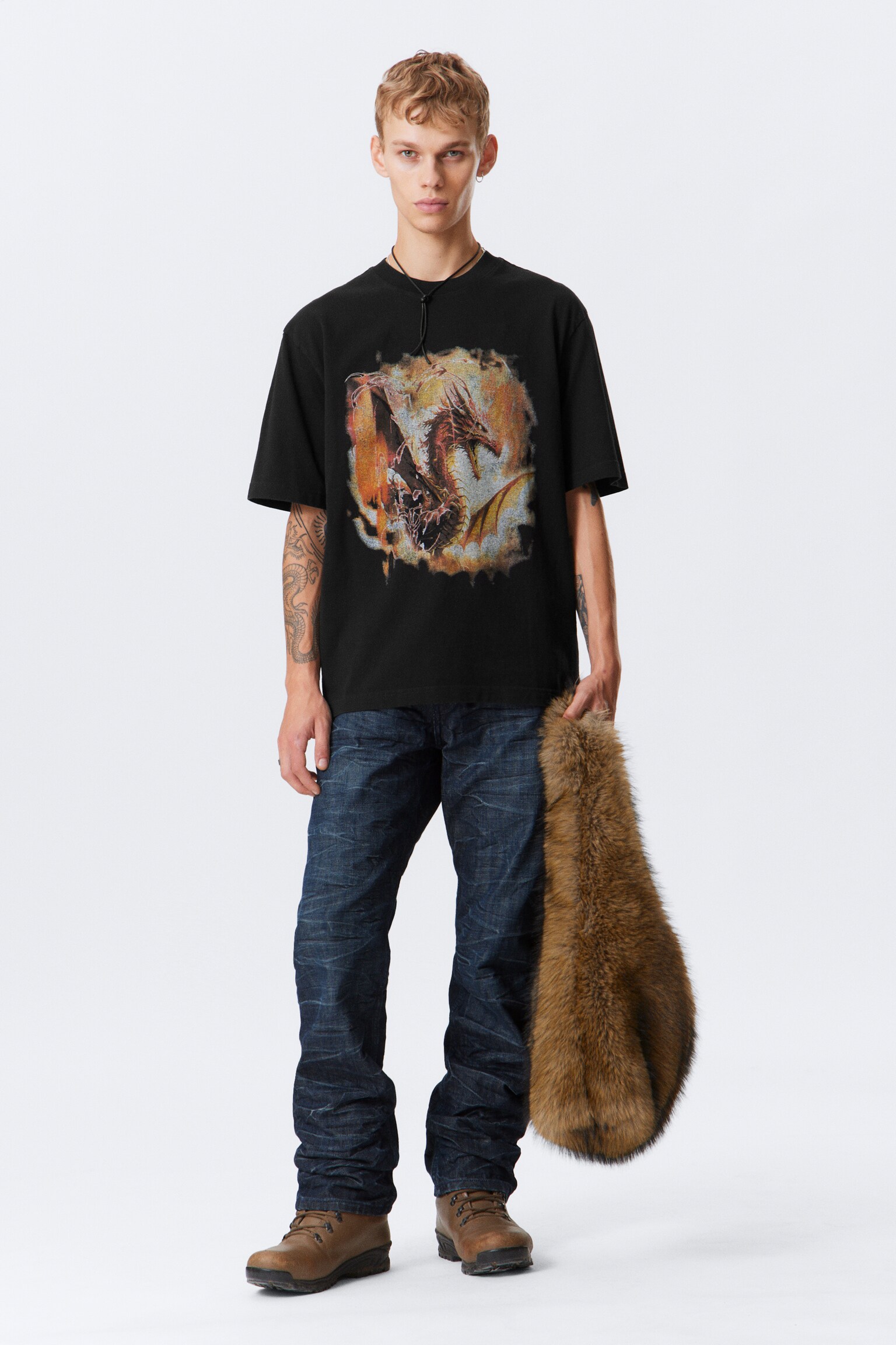 Relaxed Graphic Printed T-shirt - Black - Dragon Gate/Black - Thunder Tour/Black - Cosmic Eagle/Dark Brown - Drea8m - 5