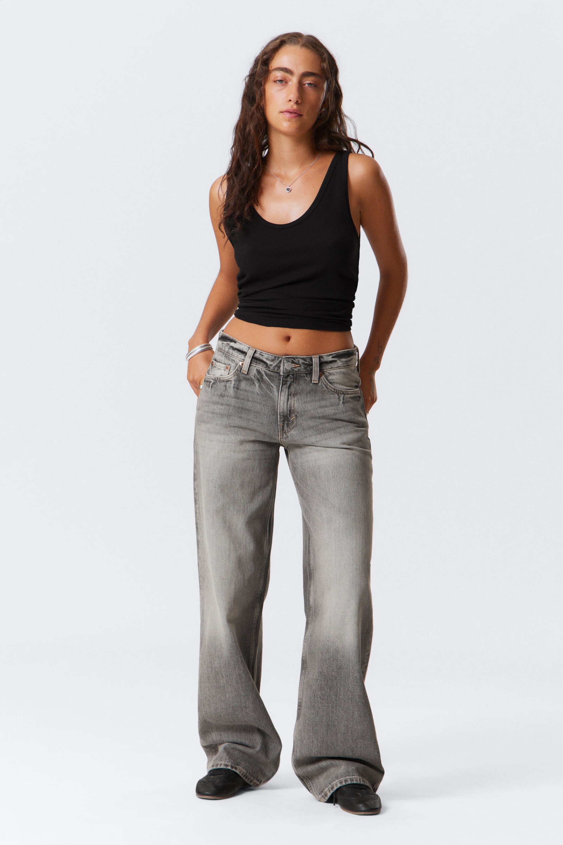 #494A4F - Ample Low Rise Loose Wide Leg Jeans - 1