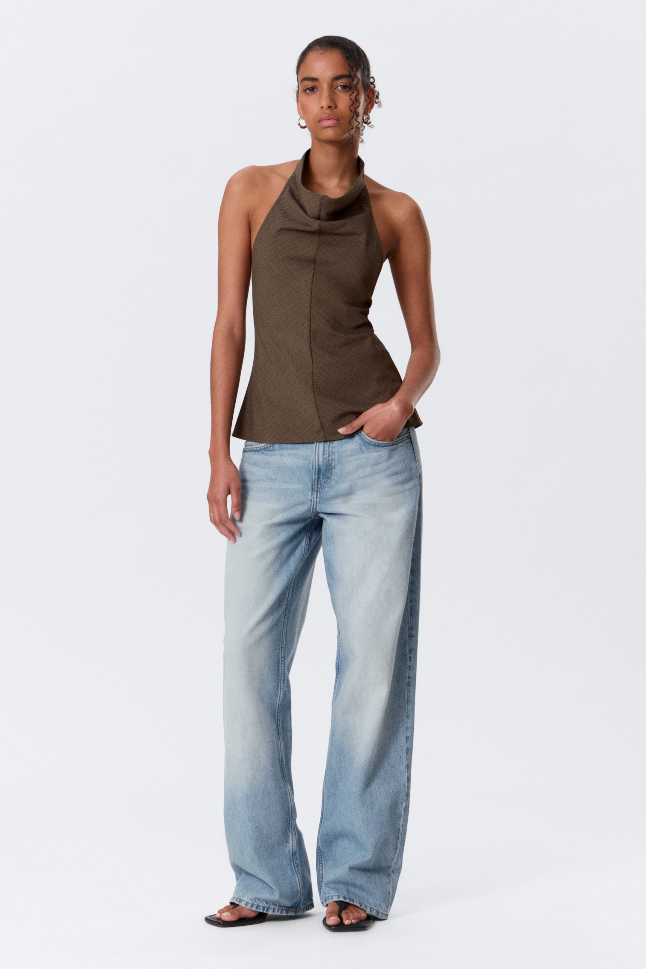 Striped Brown - Draped Halter Cowl-Neck Top - 2