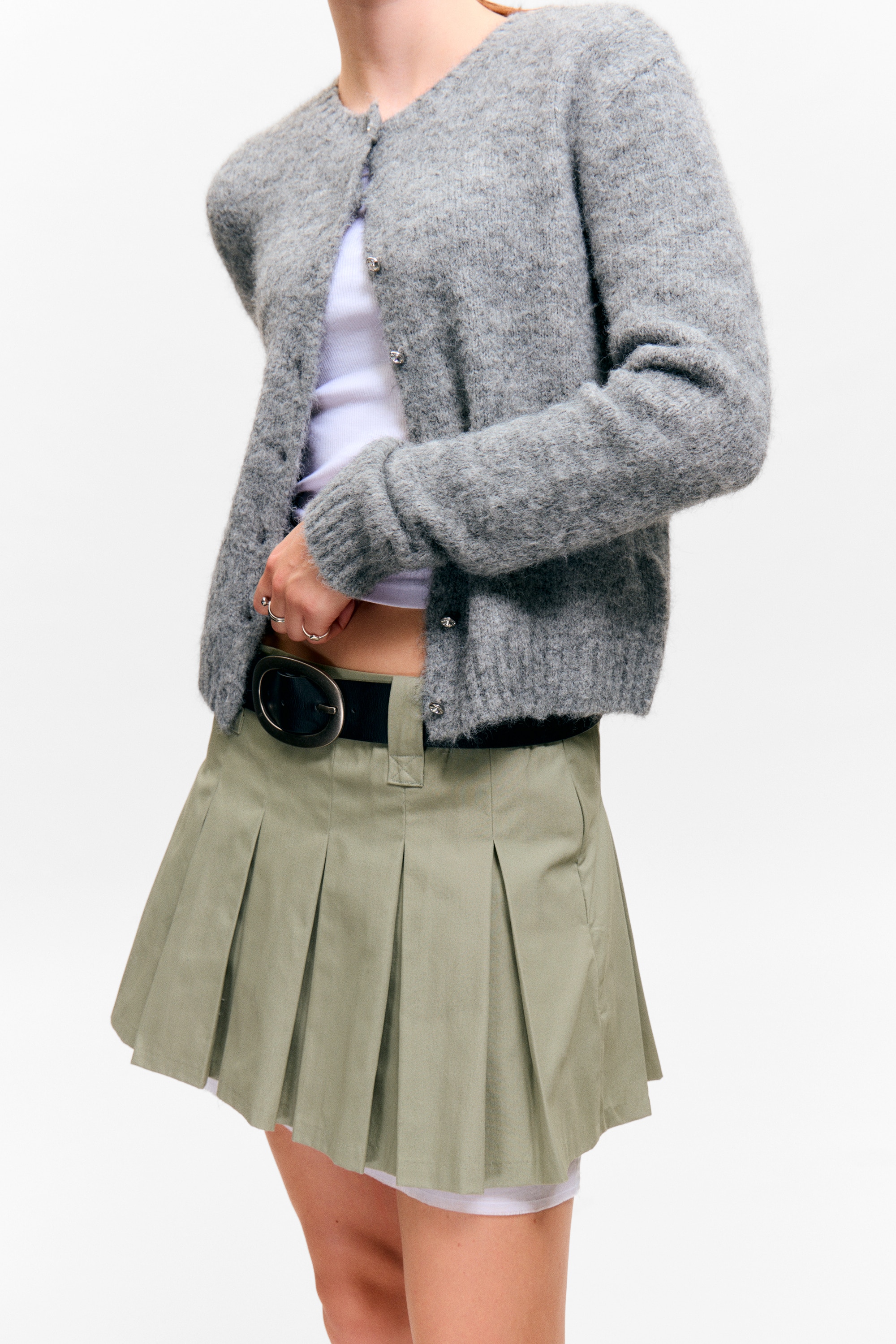 Mid-Rise Pleated Mini Twill Skirt - Khaki Green/Beige