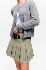 Khaki Green - Mid-Rise Pleated Mini Twill Skirt - 0