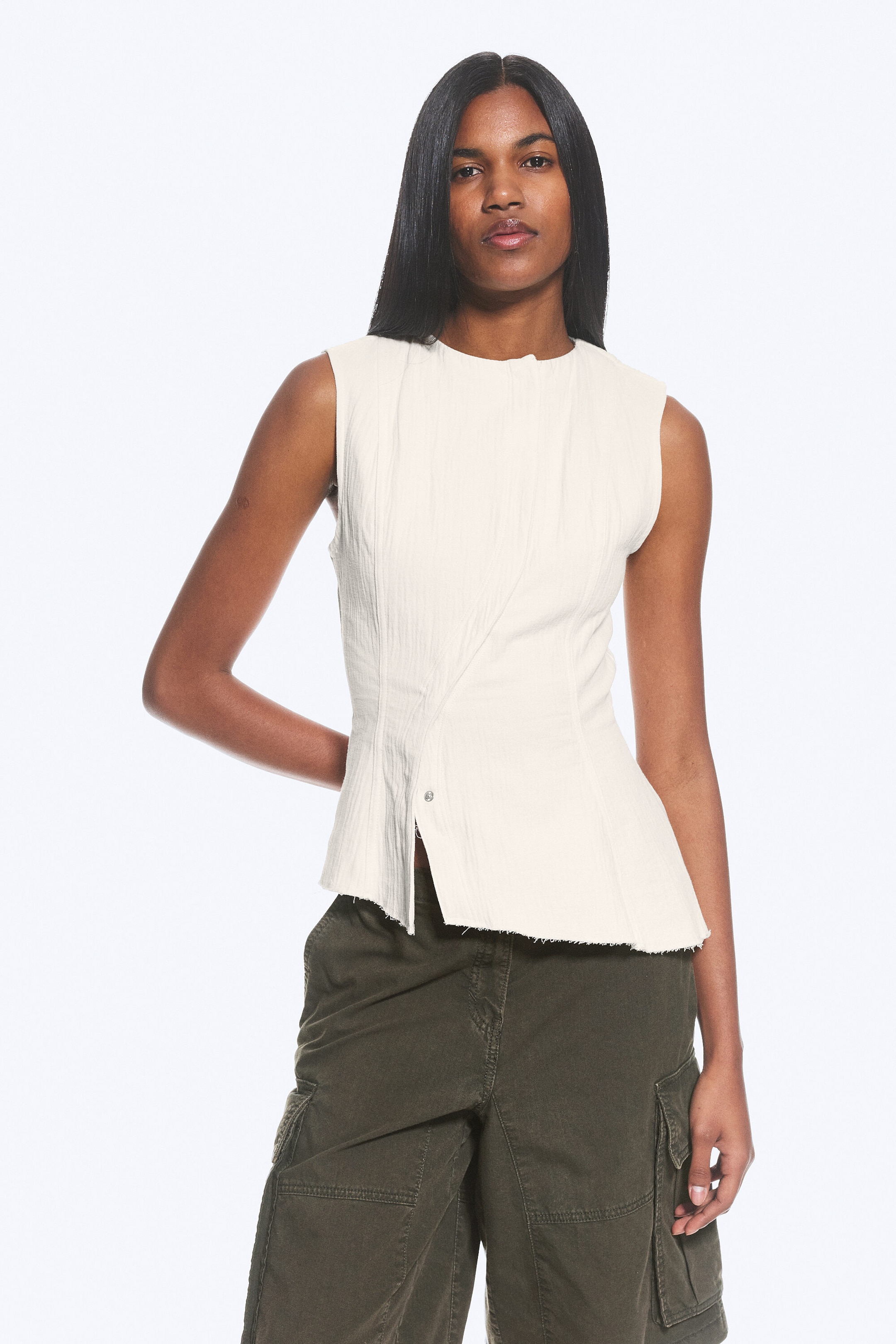 Vit - Ärmlös asymmetrisk peplum topp - 1