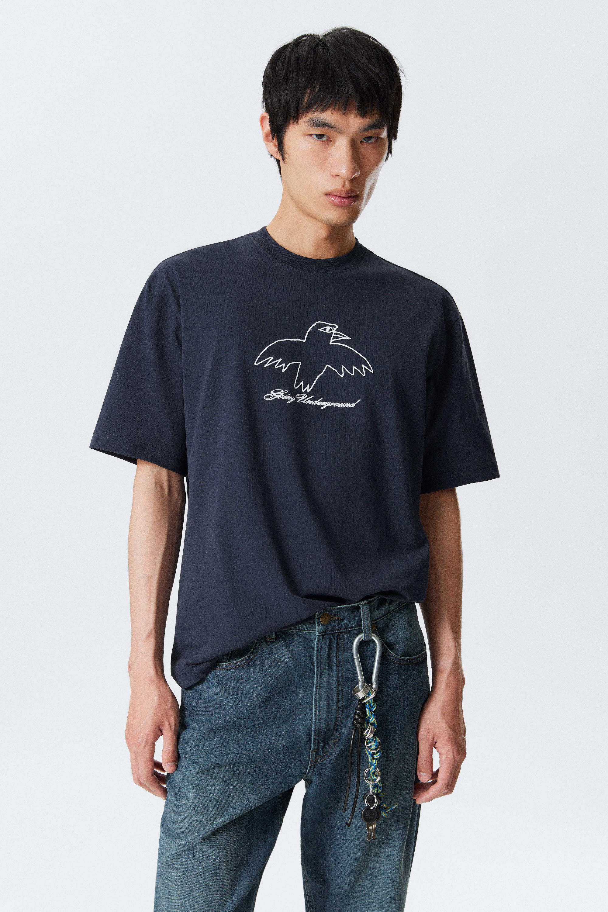 Dark Blue - Underground Bird - Relaxed Graphic Printed T-shirt - 1