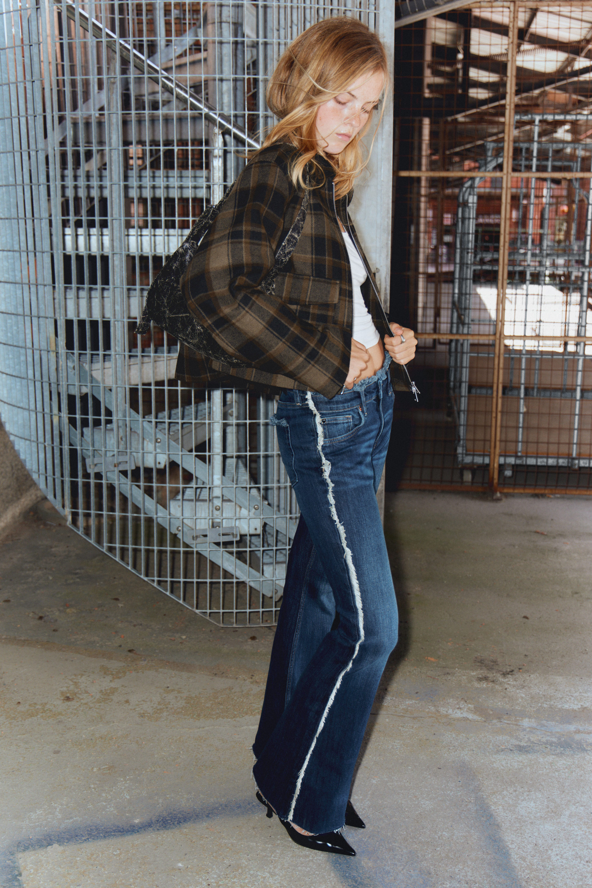 Dark Brown Check - Cropped Boxy Zip Jacket - 2