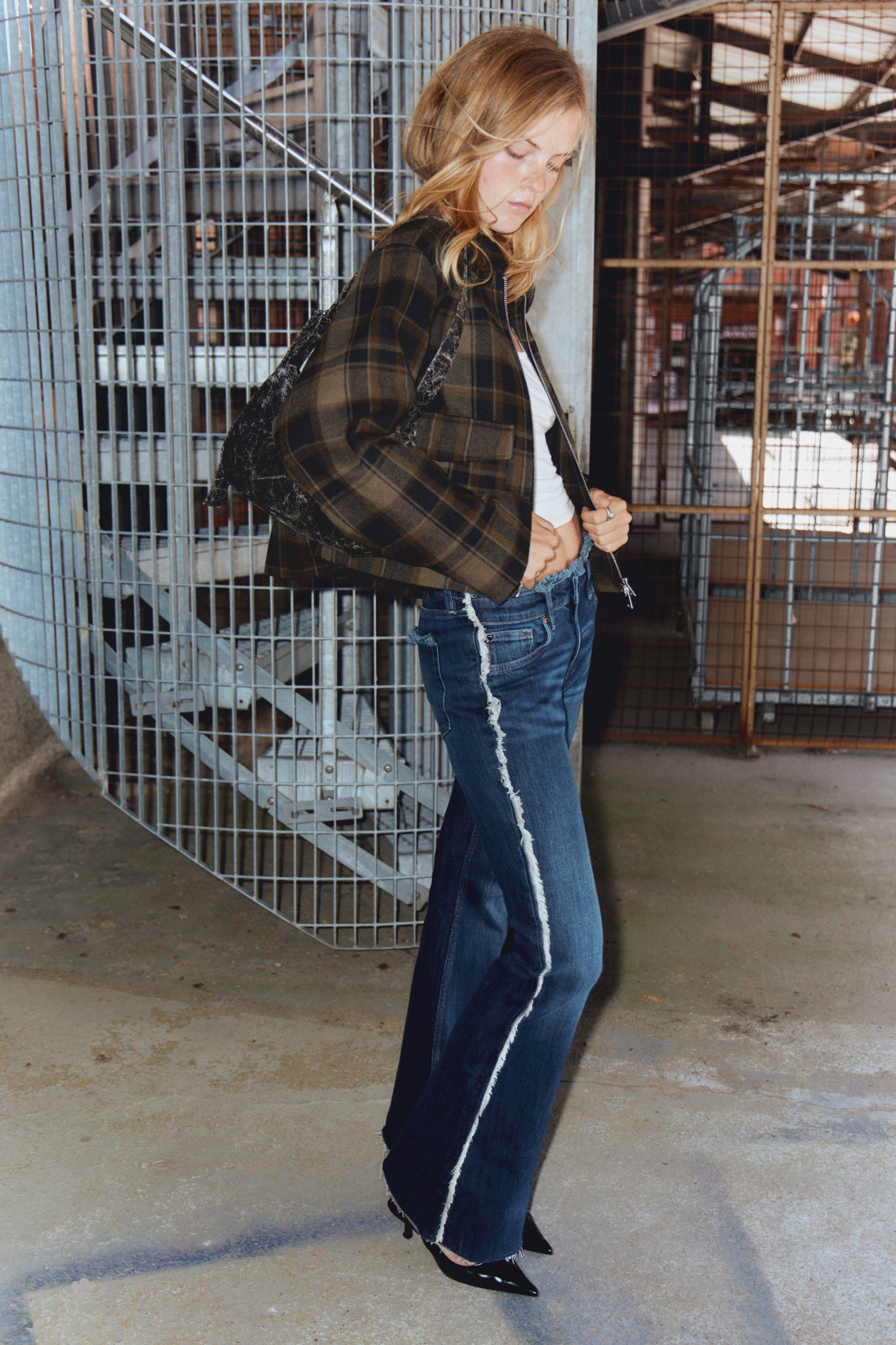 Dark Brown Check - Cropped Boxy Zip Jacket - 5