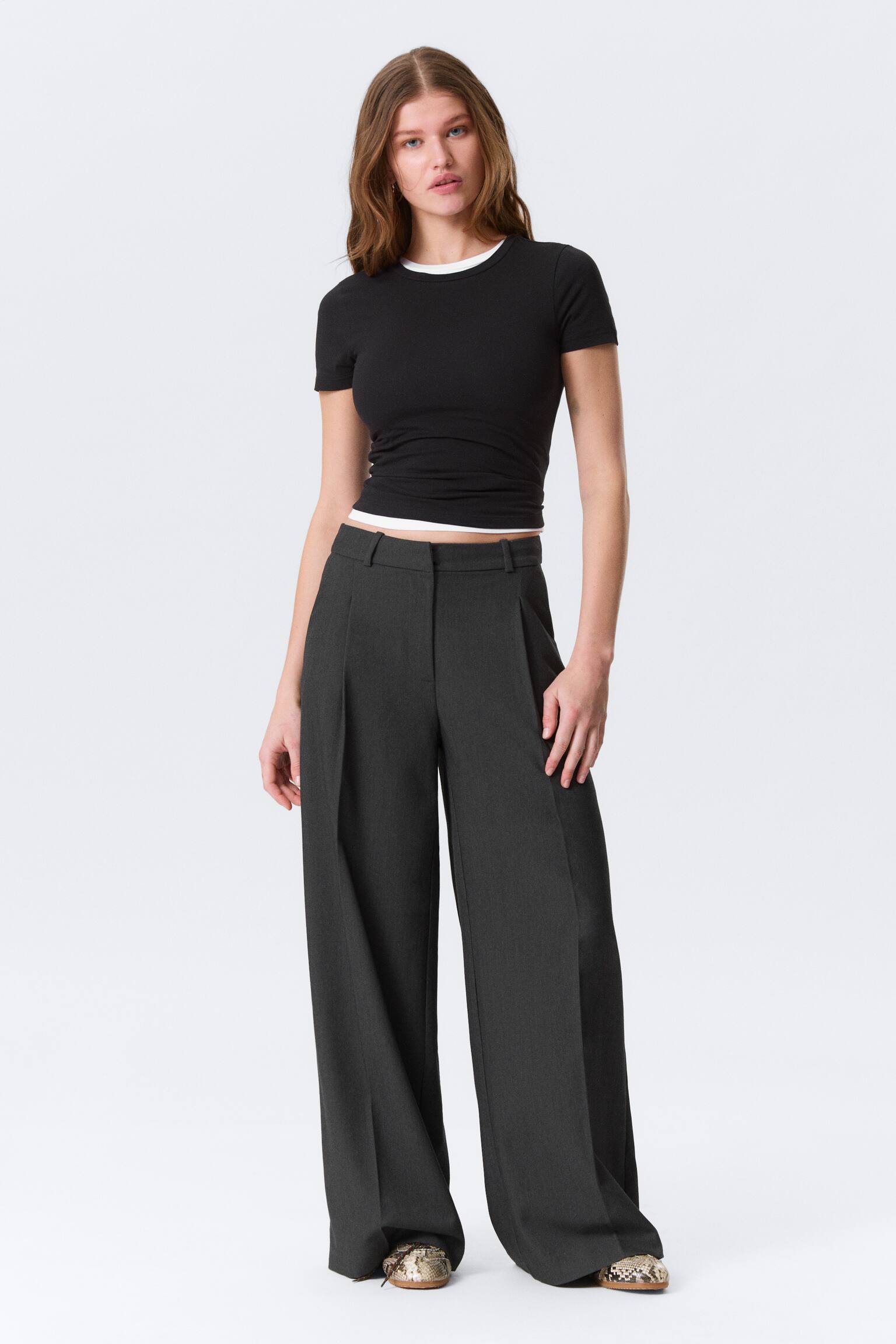 Pantalon de costume large taille haute - Gris foncé chiné/Noir/Gris foncé rayé - 1