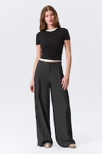 Mörkgråmelerad - Högmidjade kostymbyxor med vida ben - 0