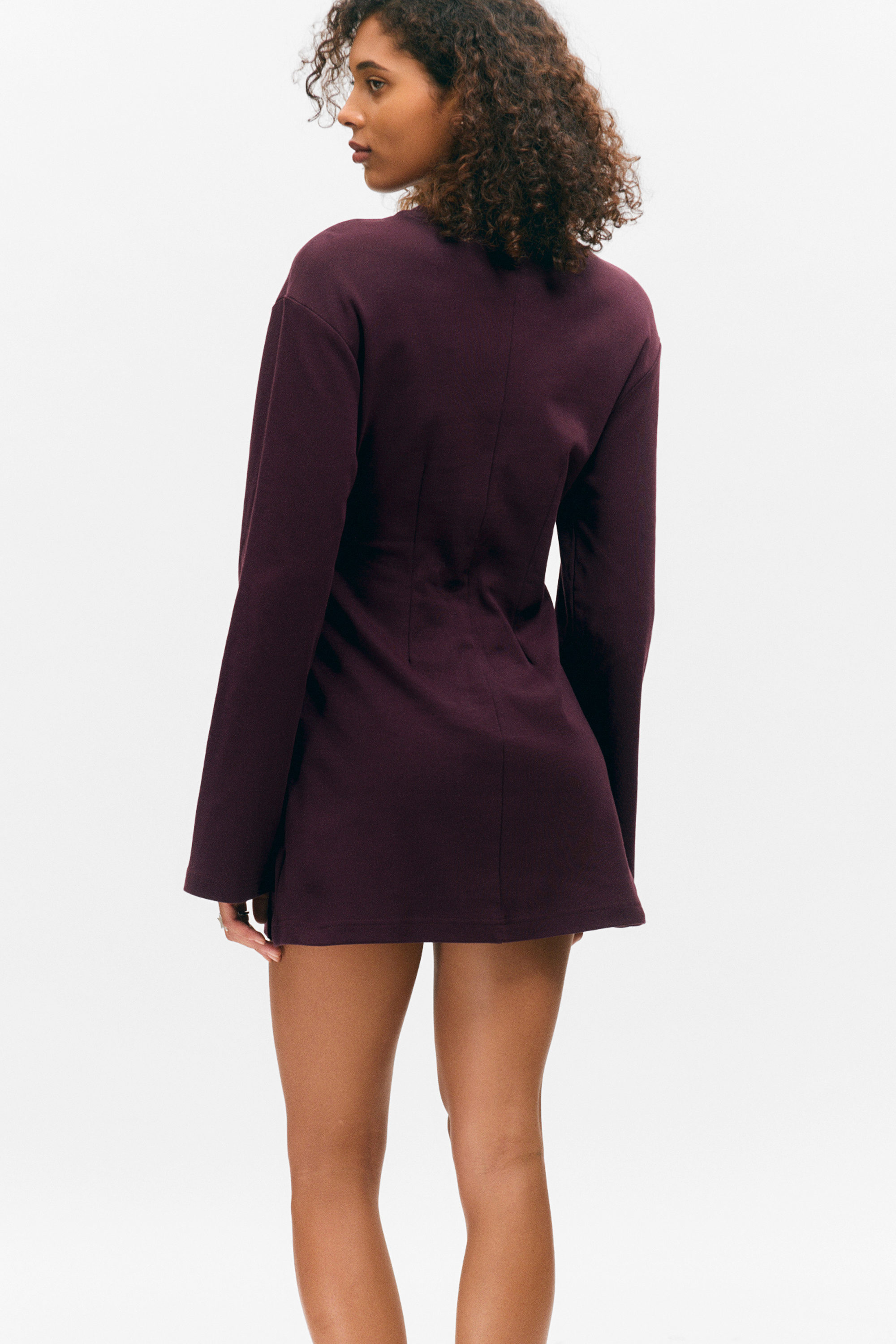 Dark Plum - Long-Sleeved Cotton Mini Dress - 2