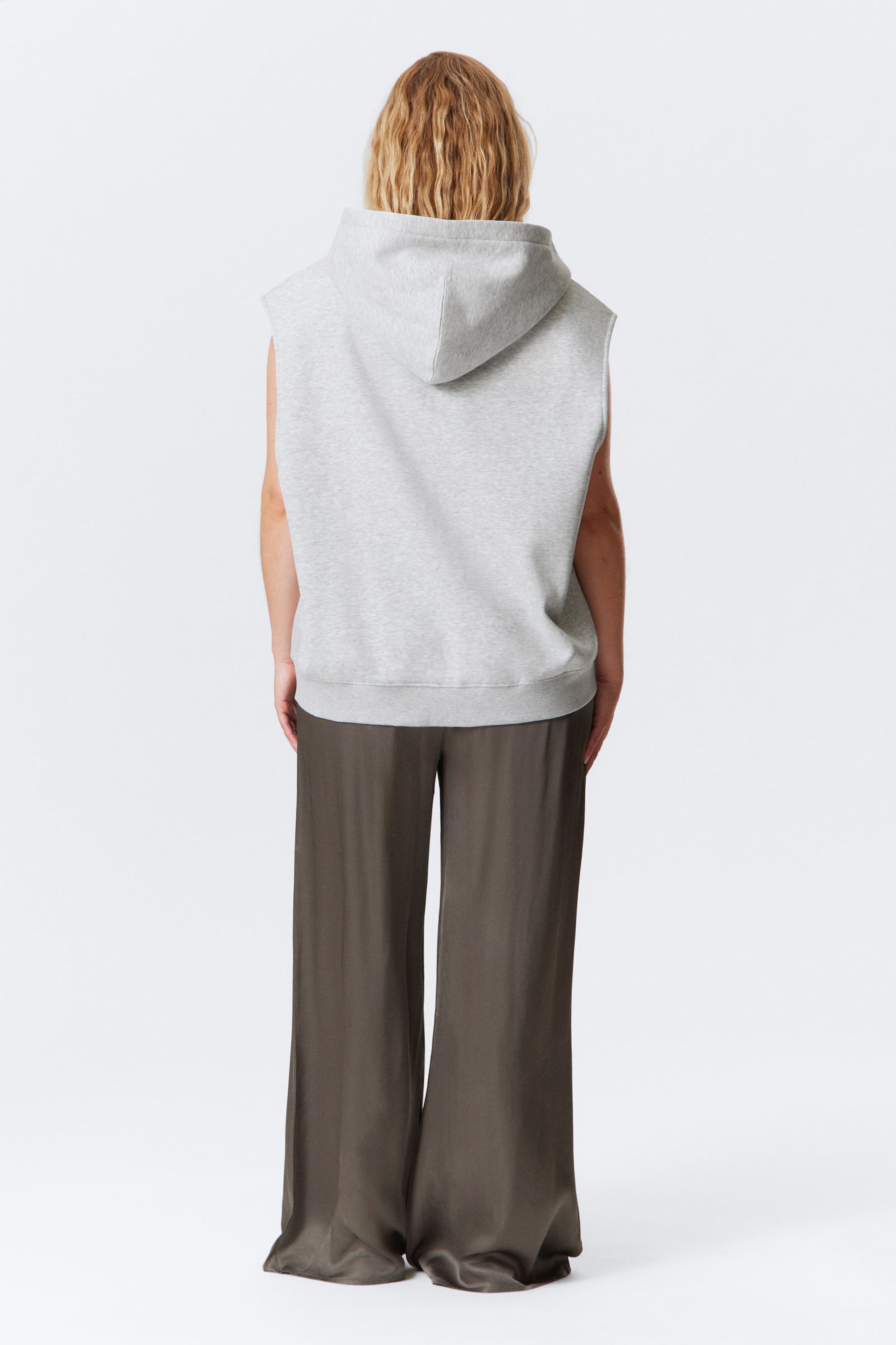 Grey Melange - Oversized Sleeveless Cotton Zip Hoodie - 3
