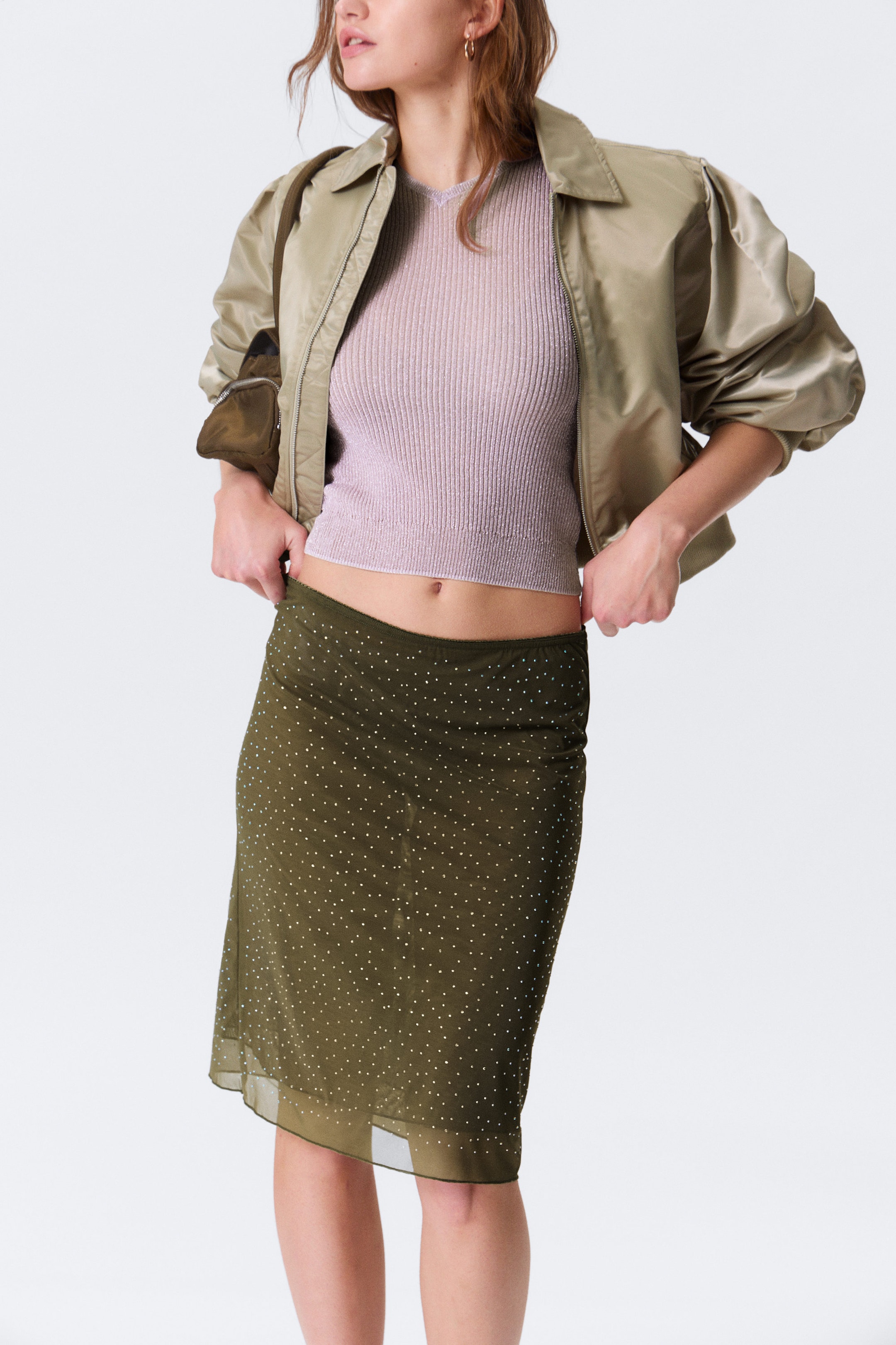 Khaki Green - Rhinestones - YULIA B MESH RHINESTONE MIDI SKIRT - 2