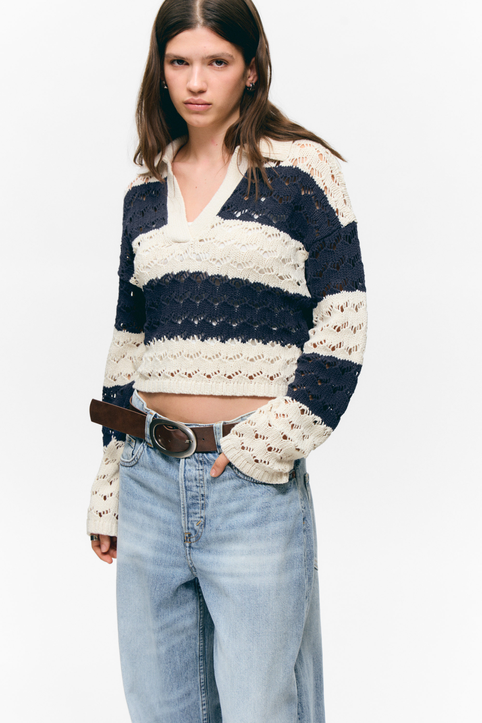 White & Dark Blue Stripe - Loose Open-Knit Sweater - 2