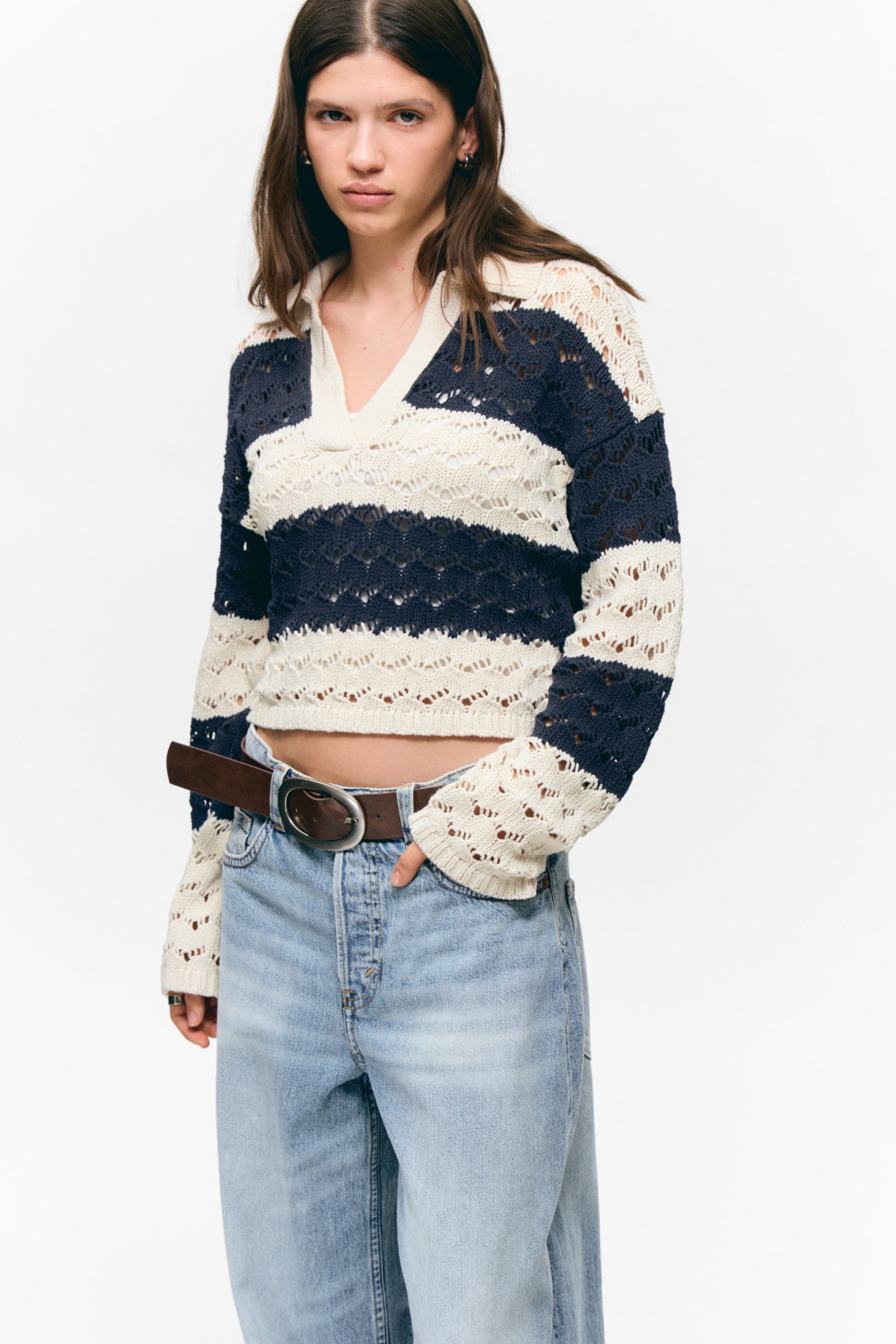 White & Dark Blue Stripe - Loose Open-Knit Sweater - 1