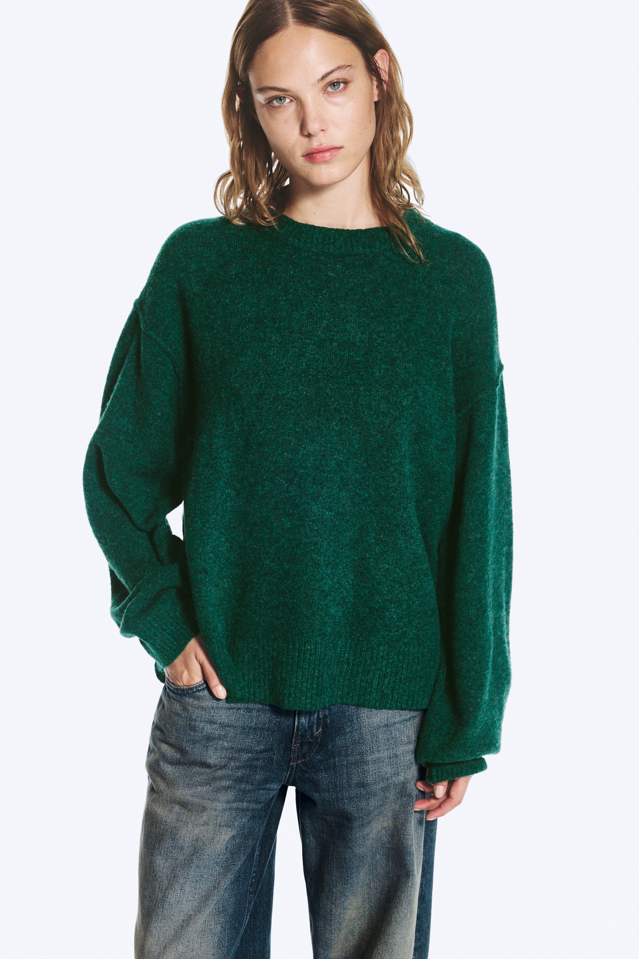 Dunkelgrün Melange - Relaxter Strickpullover - 1