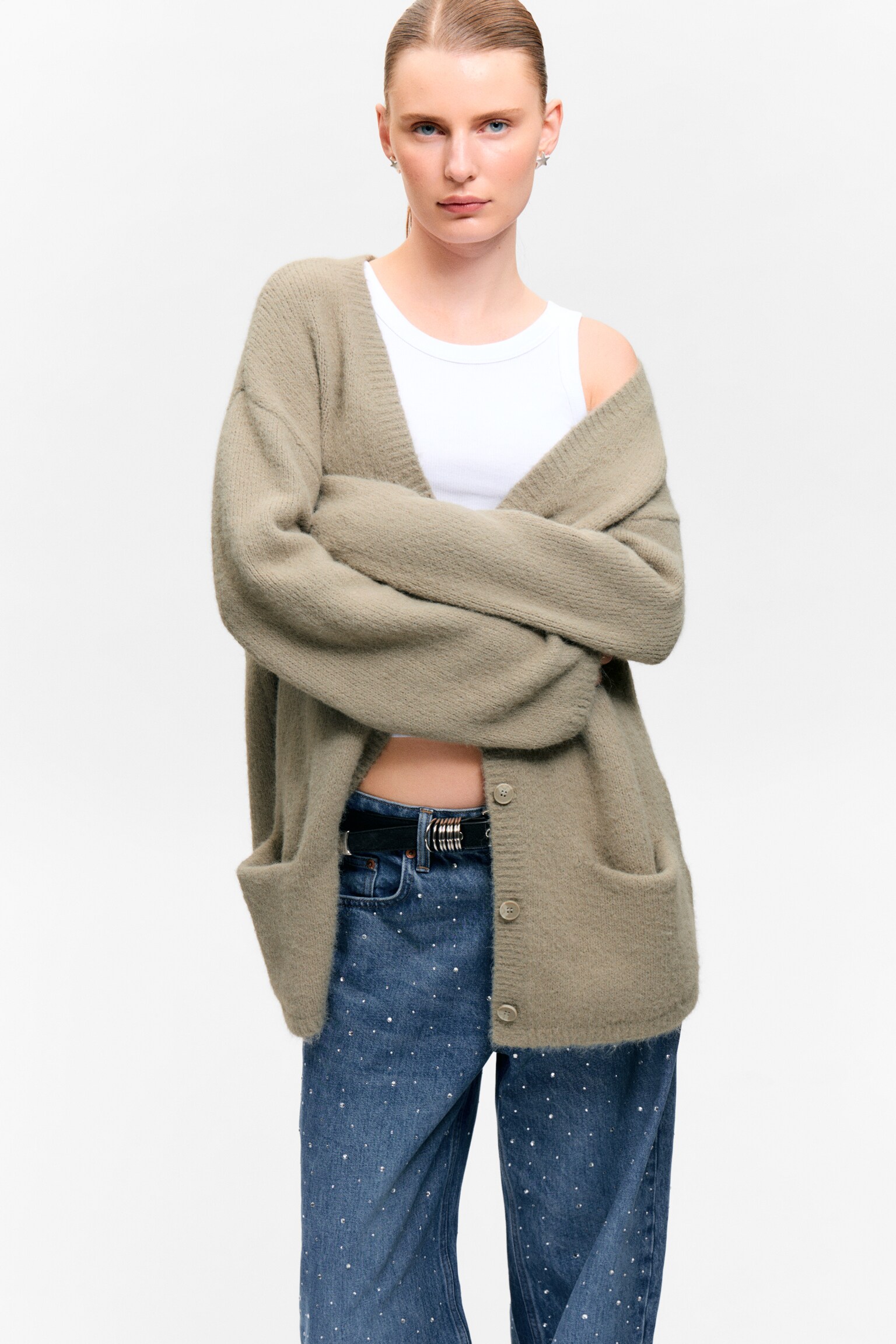 Weiche Strickjacke mit V-Ausschnitt - Staubiges Beige/Schwarz/Pflaume/Grün/Beige gestreift/Dunkelbraun & gelb gestreift - 5