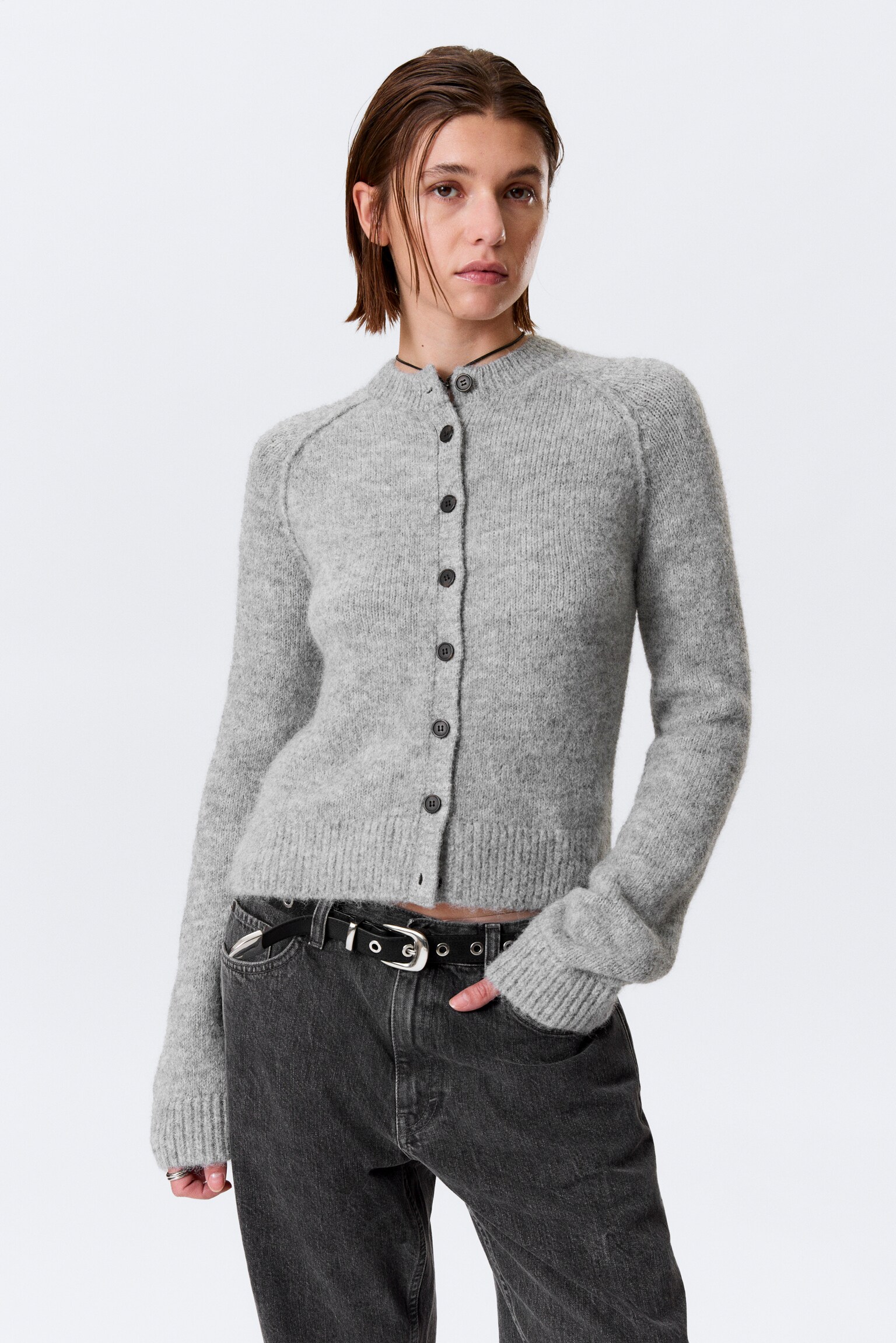 Cardigan ajusté doux en laine mélangée - Gris chiné/Taupe clair/Vert foncé - 2