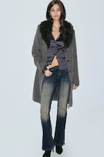 Grey - Fitted Wool-Blend Coat with Faux Fur Collar - 0