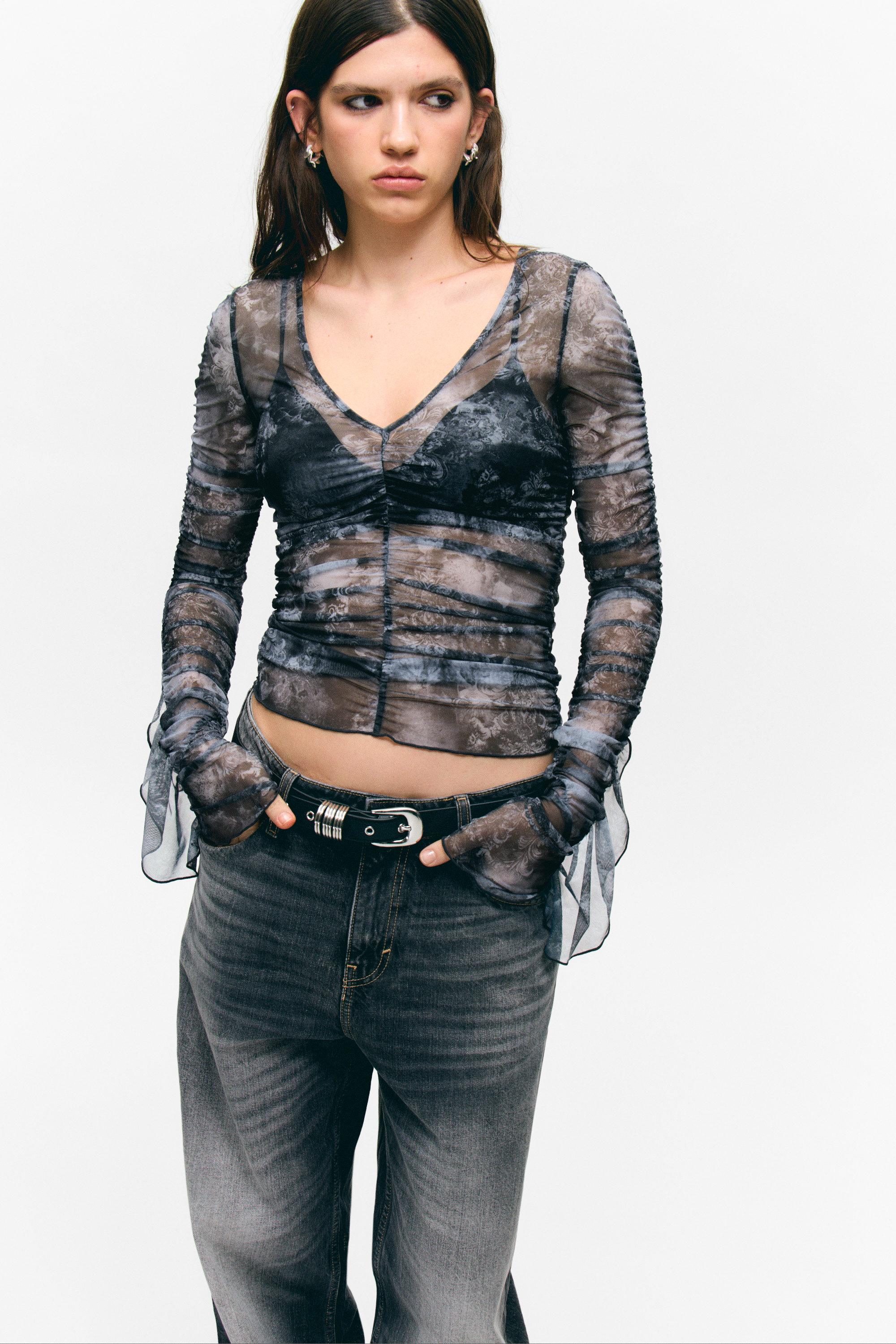 Black Baroque Print - Sheer Gathered Mesh Top - 1