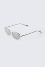 Silver - Grey Lenses - Minimal Oval Metal Frame Unisex Sunglasses - 3