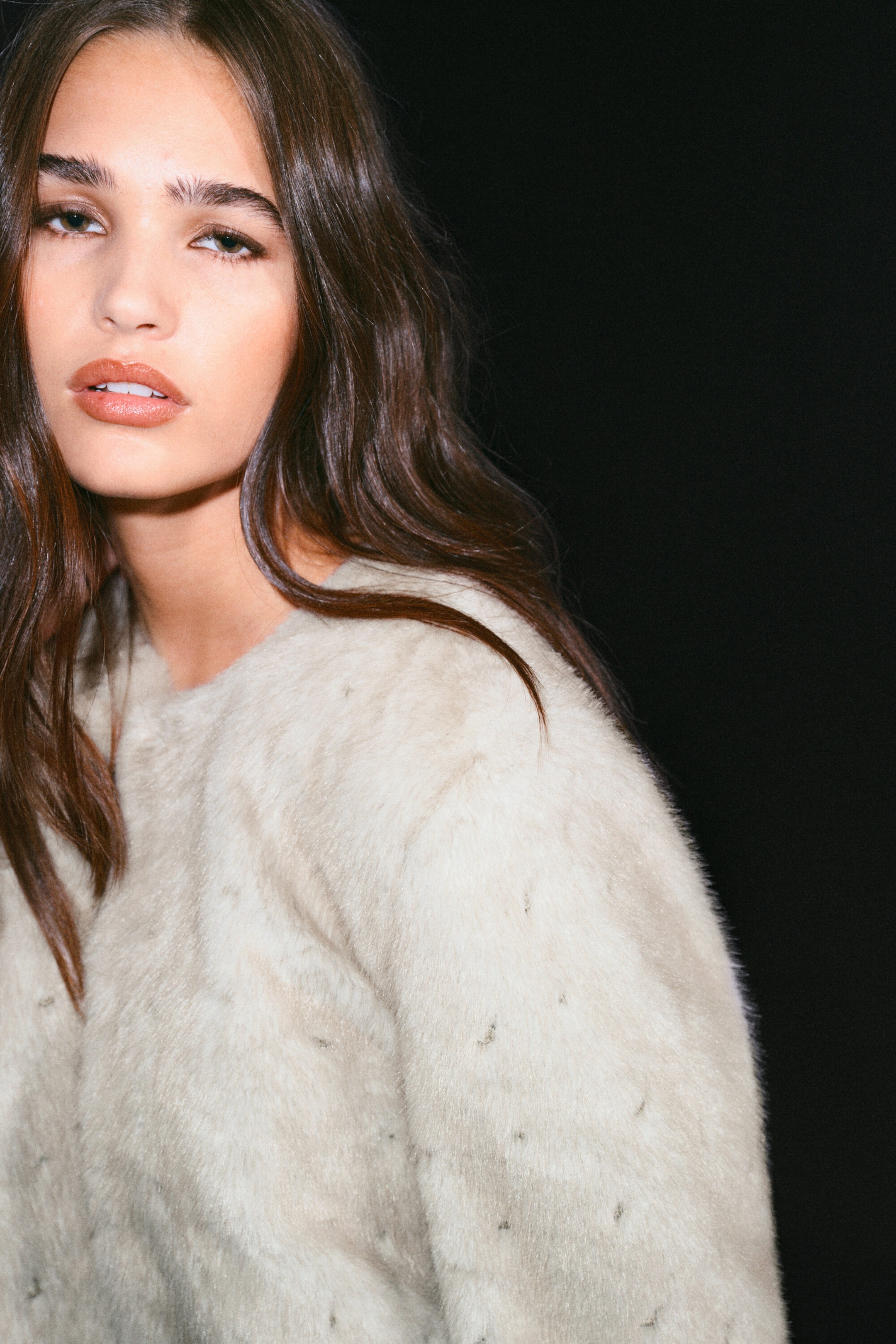 Beige - Cropped Faux Fur Rhinestone Jacket - 2