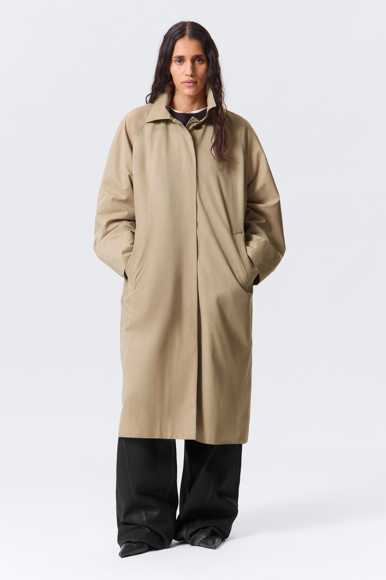 Single-Breasted Oversized Car Coat - Beige - 6