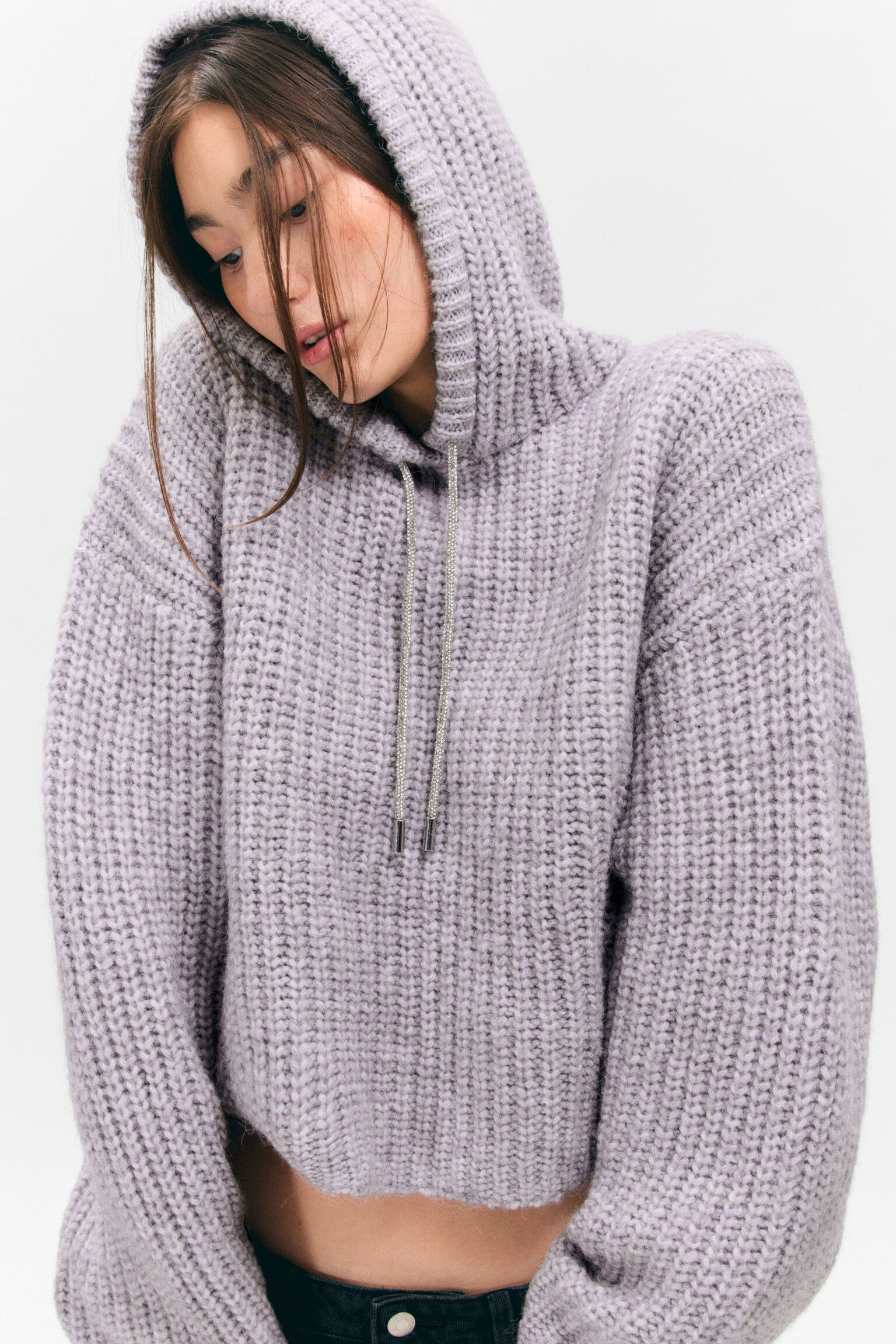 Hoodie de Malha com Cordão - Lilás/Branco