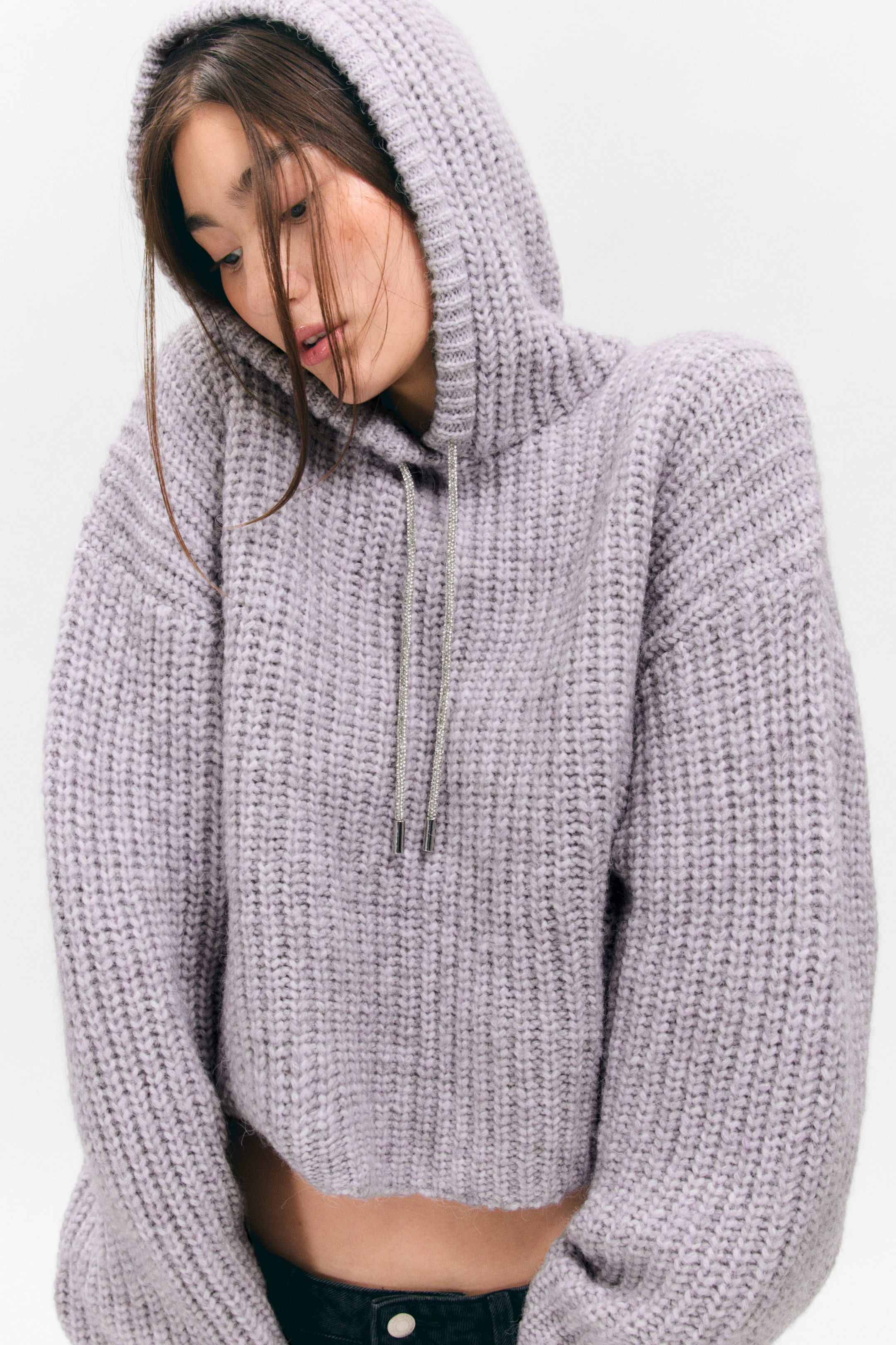Lilac - Knitted Drawstring Hoodie - 1
