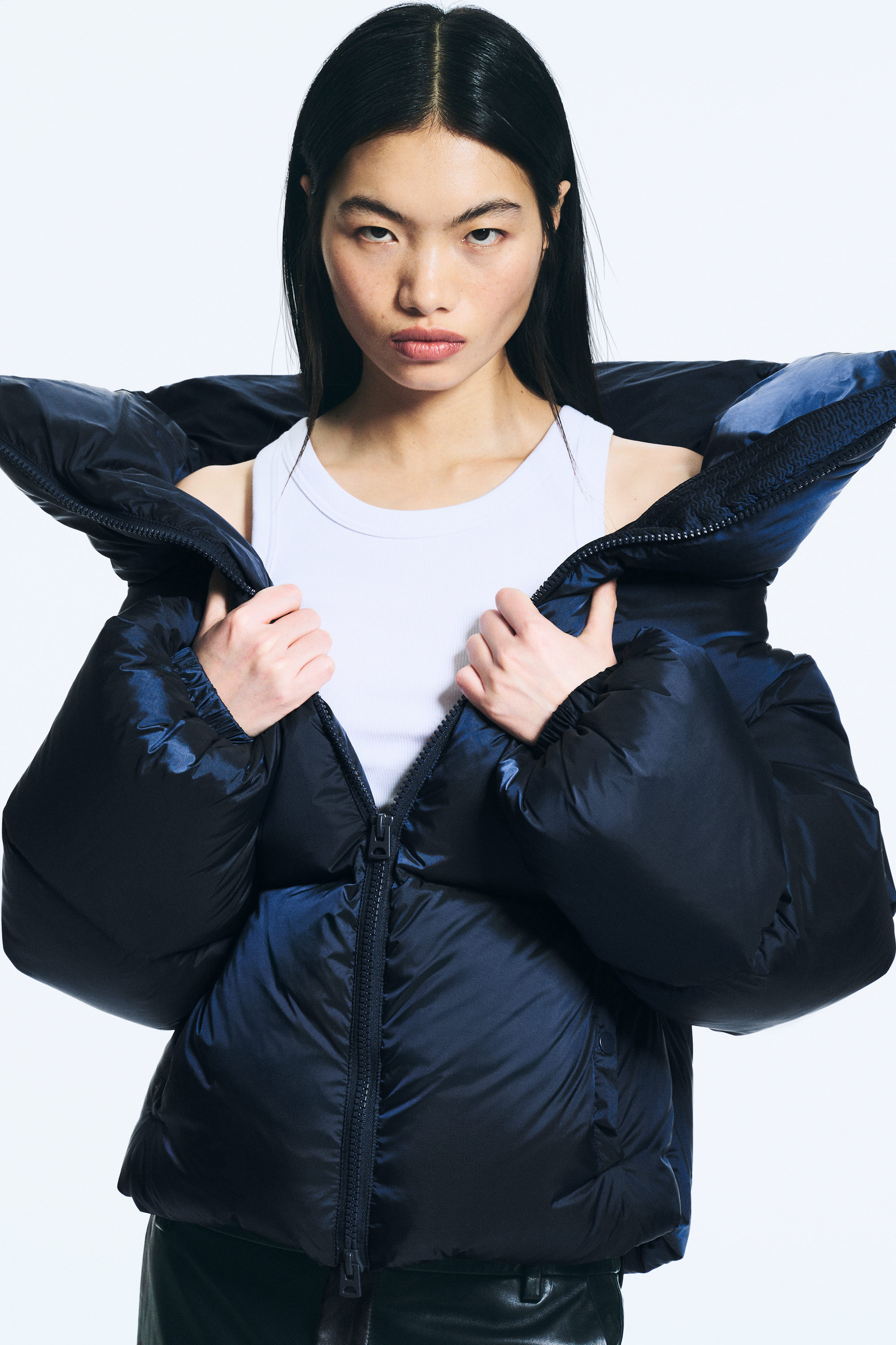 Dark Navy Blue - High Collar Cropped Down Jacket - 2
