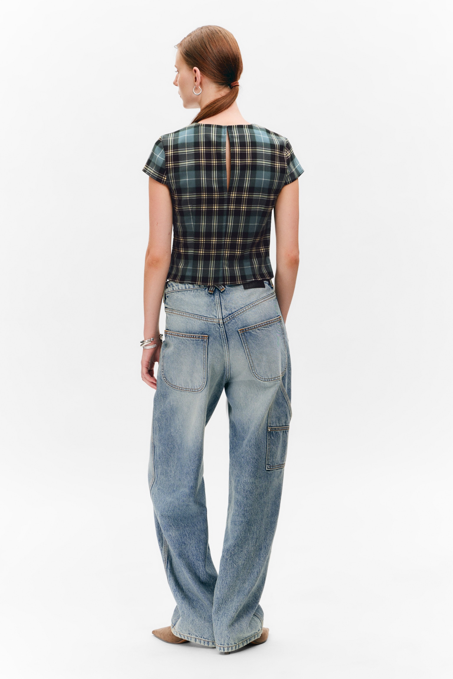 Fitted Short-Sleeved Twill Top - Turquoise & Yellow Checks - 5