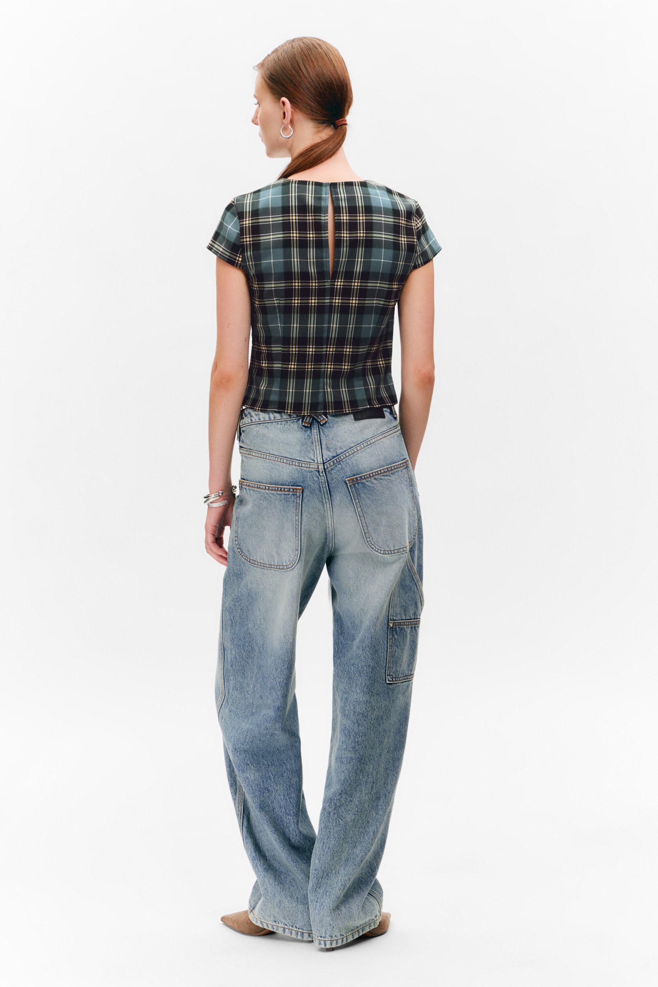 Türkis & Gelb kariert - Figurbetontes Kurzarm-Top aus Twill - 2