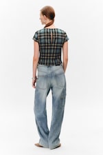 Türkis & Gelb kariert - Figurbetontes Kurzarm-Top aus Twill - 2