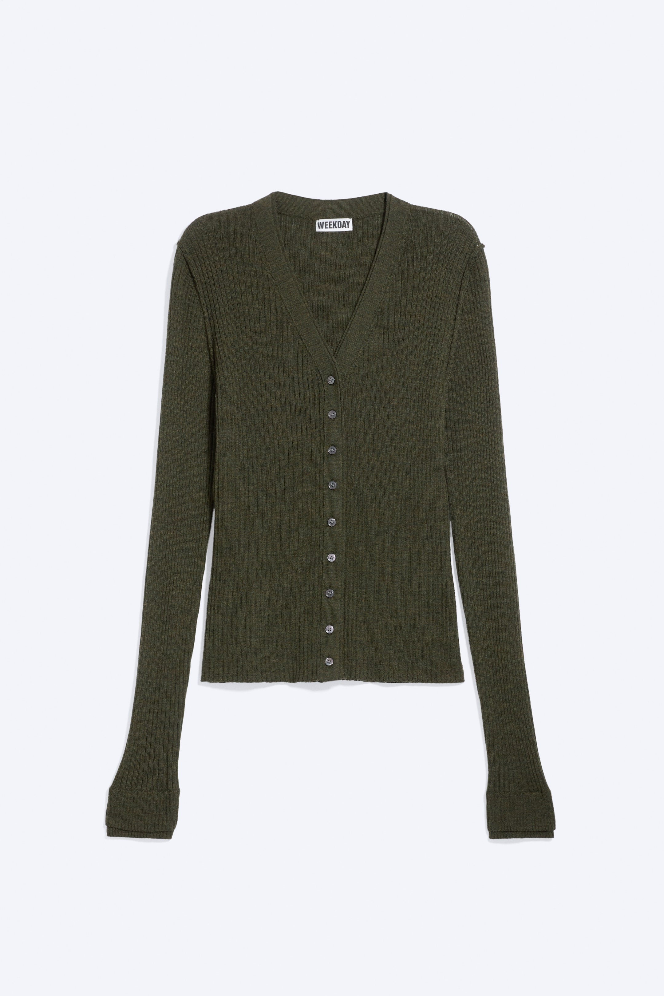 View larger image: An olive green ribbed knit cardigan is shown from the front, featuring a V-neckline and a full-length button placket with nine small, light-coloured buttons. It has long sleeves with plain cuffs and a straight hem.