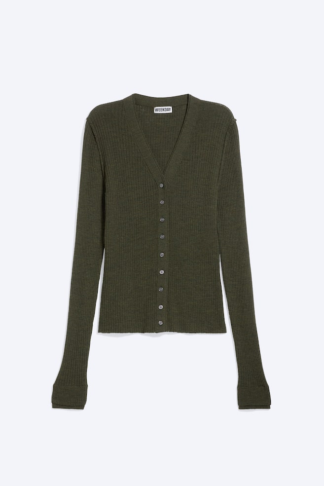 Merino-Strickjacke mit V-Ausschnitt - Dunkelgrün/Dunkelbraun/Grau meliert - 1