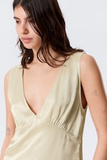 Light Dusty Beige - Sleeveless V-neck Satin Top - 1