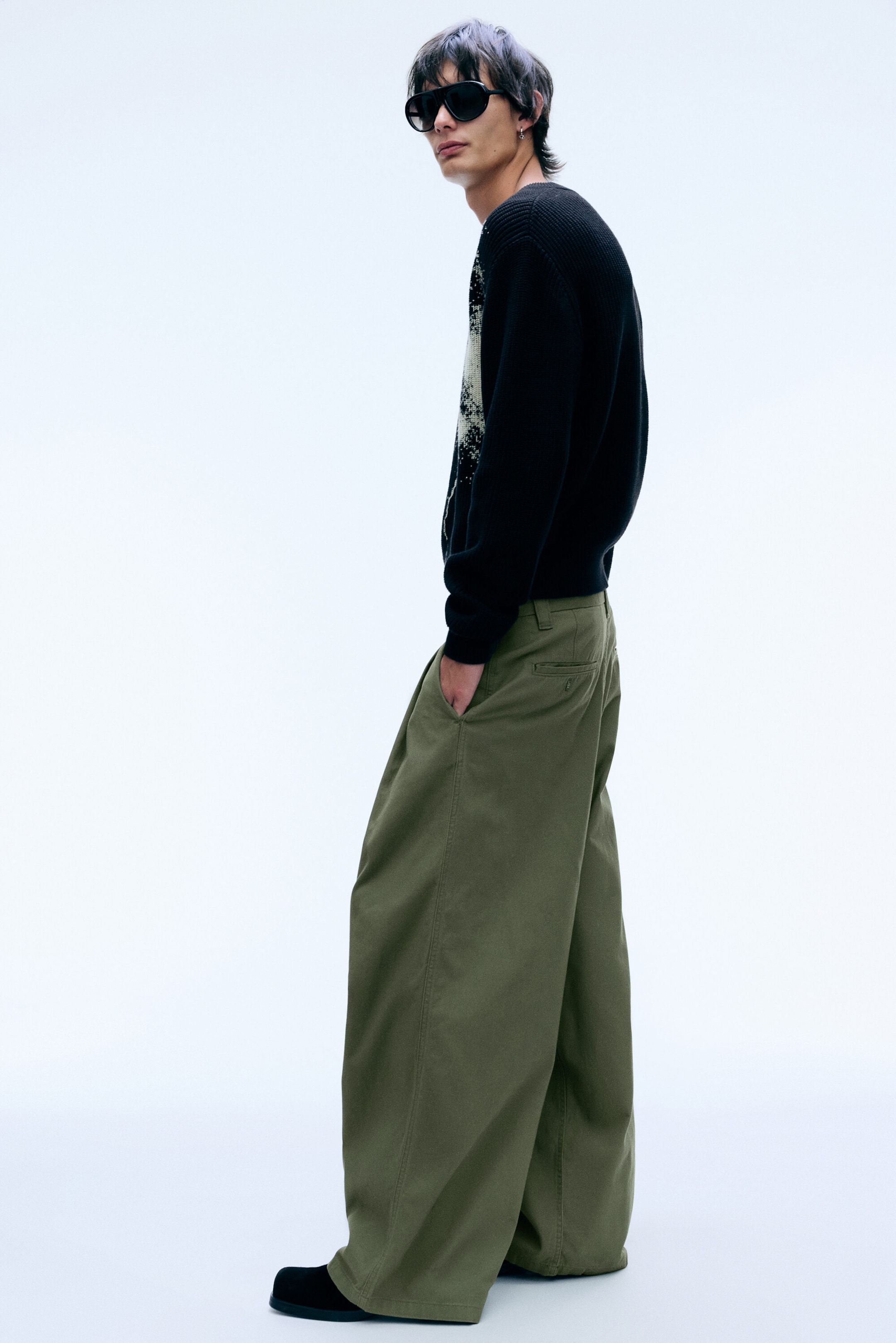 Dusty Khaki Green - Otis Baggy Pleated Twill Chinos - 0