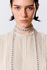Beige - Studded Linen-Blend Choker Necklace - 0