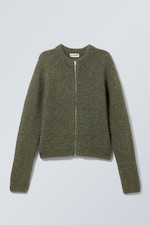 Dark Khaki Green - Slim Knitted Zip Cardigan - 0