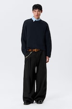 Dark Navy Blue - Boxy Knitted Cotton Sweater - 1