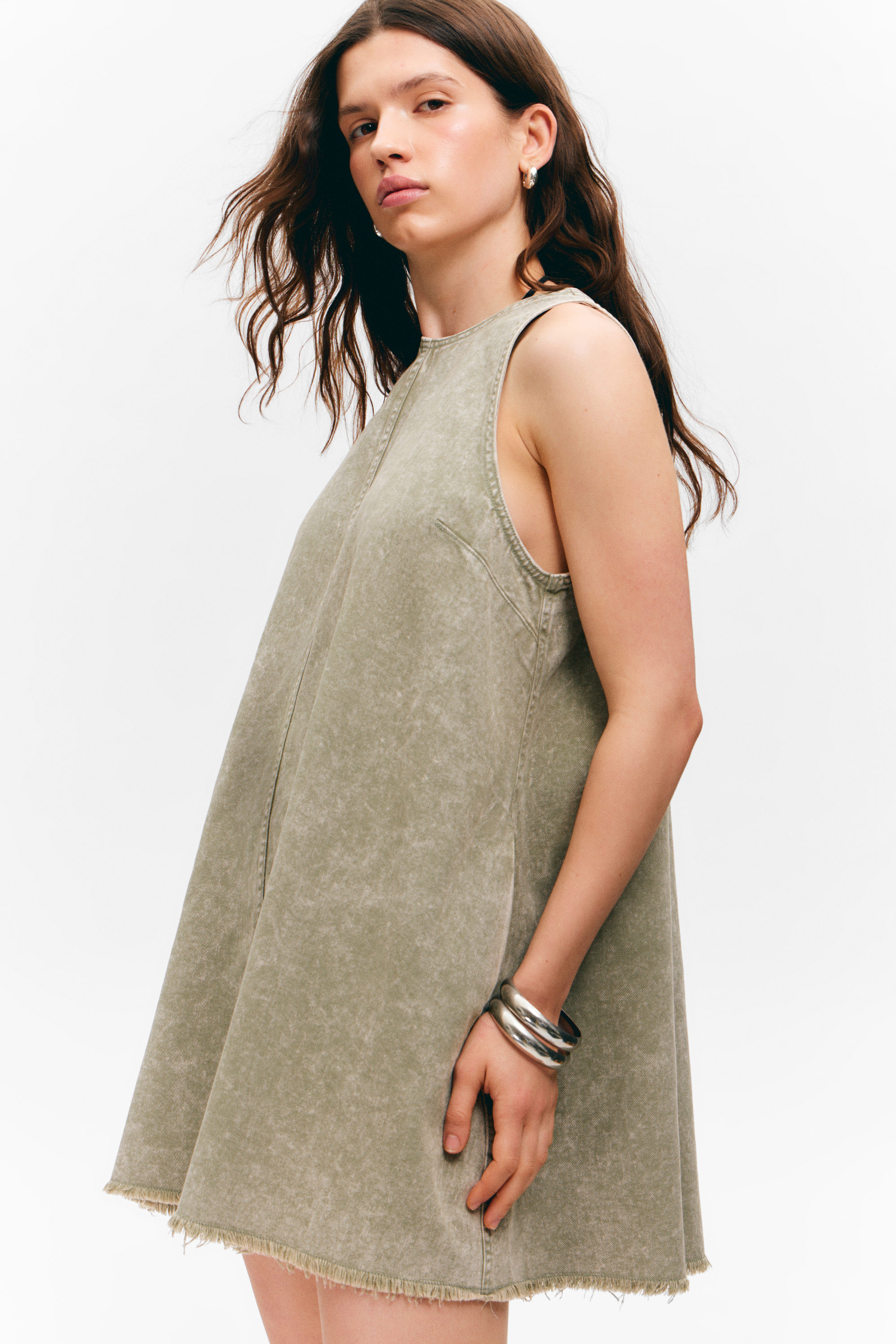 Washed Kahki Green - Sleeveless Cotton Twill Mini Dress - 2