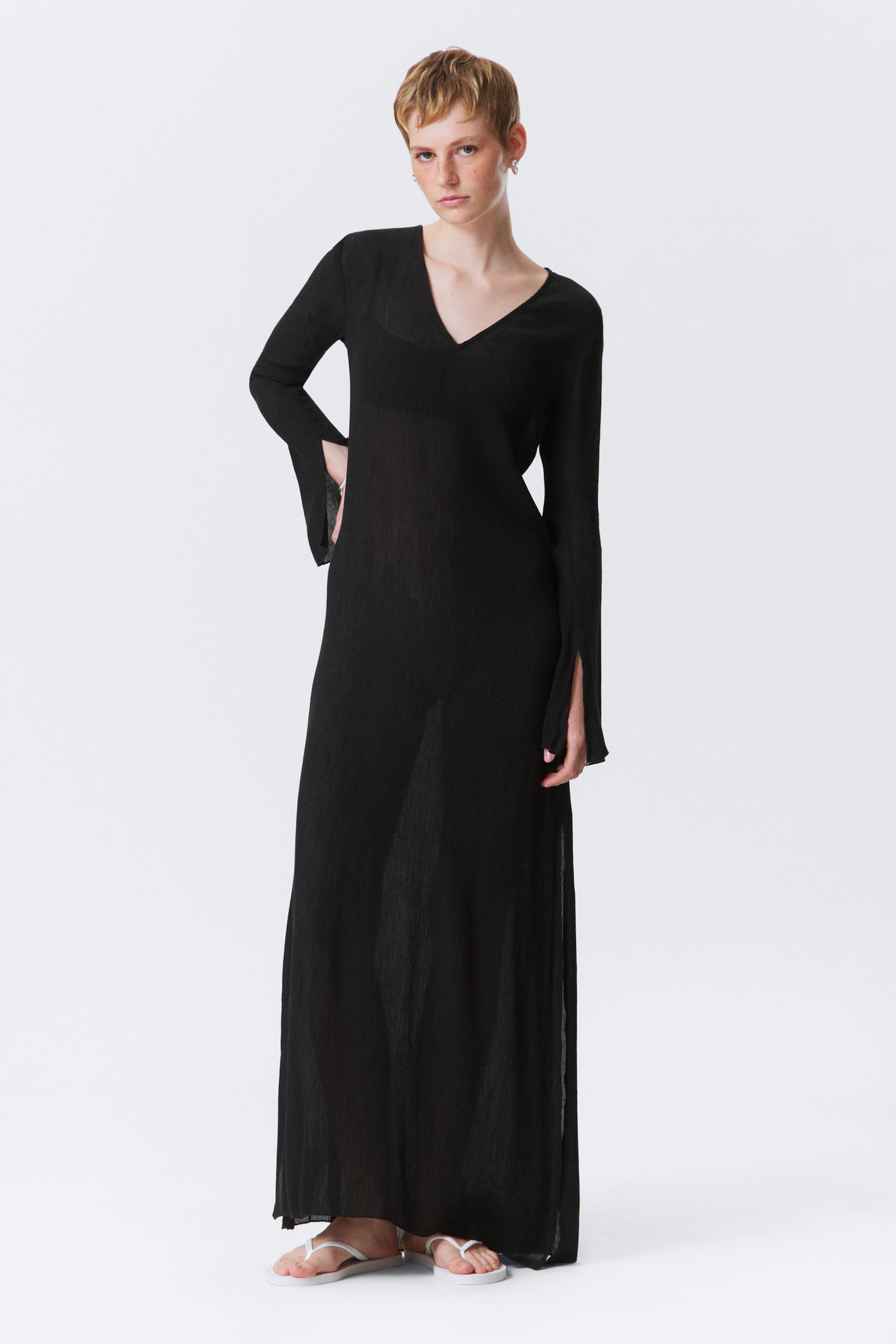 Black - Sheer Long-Sleeved V-neck Maxi Dress - 1