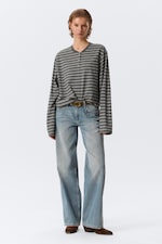 Striped Dark Grey - Boxy Long-Sleeved Henley T-shirt - 0