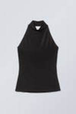 Schwarz - Ärmelloses, glänzendes Neckholder-Top - 0