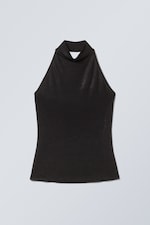 Black - Sleeveless Shiny Halterneck Top - 0