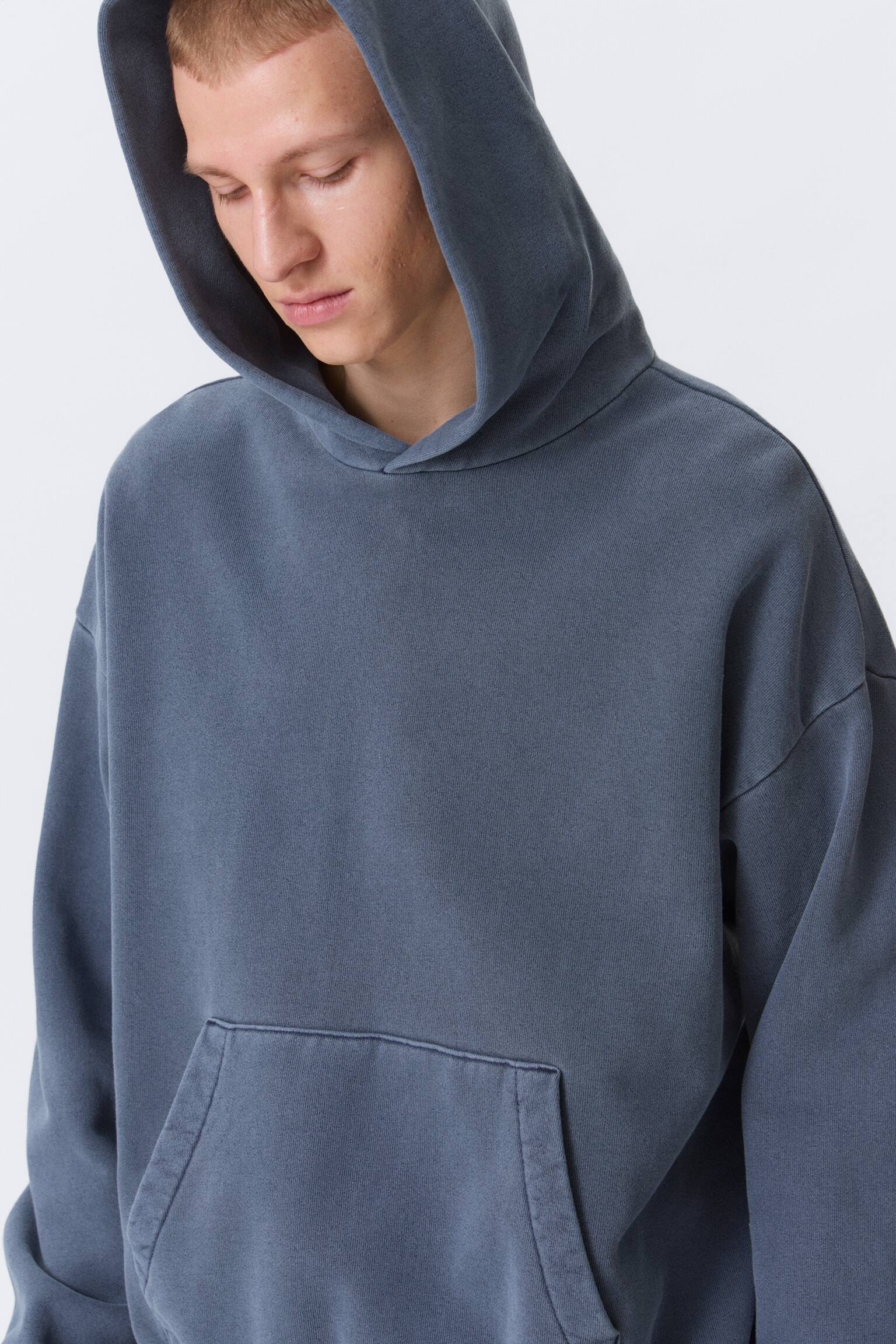 Sweat à capuche ample en coton lourd-Bleu foncé délavé - 4