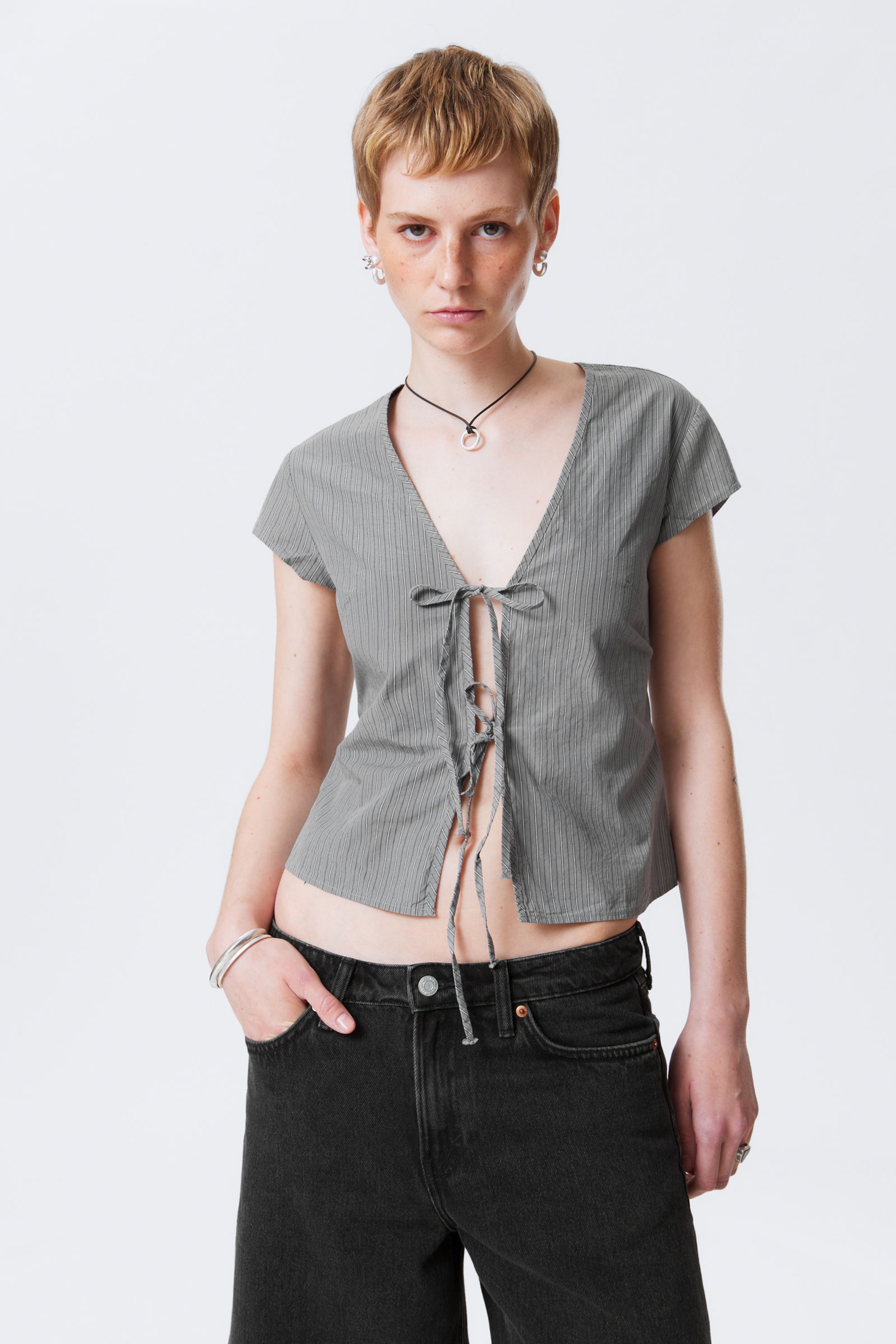 Striped Grey - Tie-Front V-neck Cotton Blouse - 1