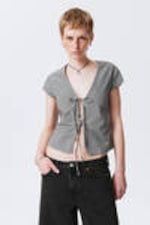 Striped Grey - Tie-Front V-neck Cotton Blouse - 0